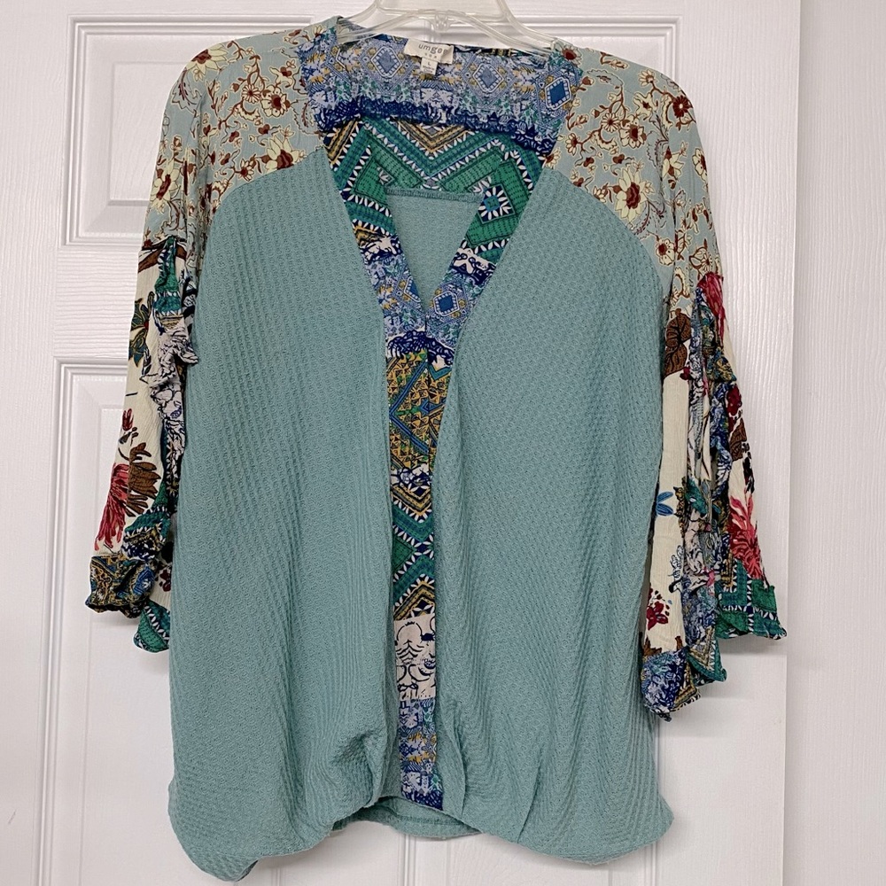 Umgee GREEN Waffle Knit Wrap Floral Gauzy Split Bell Sleeves BoHo Top Sz L